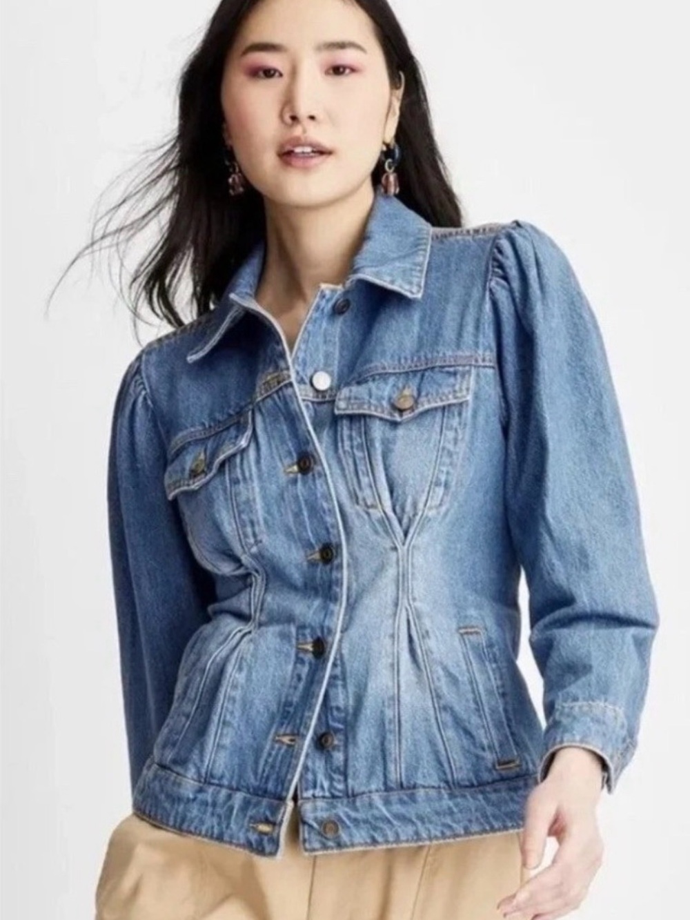 Future Collective Gabriella Karefa Johnson Jean Denim Jacket Puff Sleeve Pleated